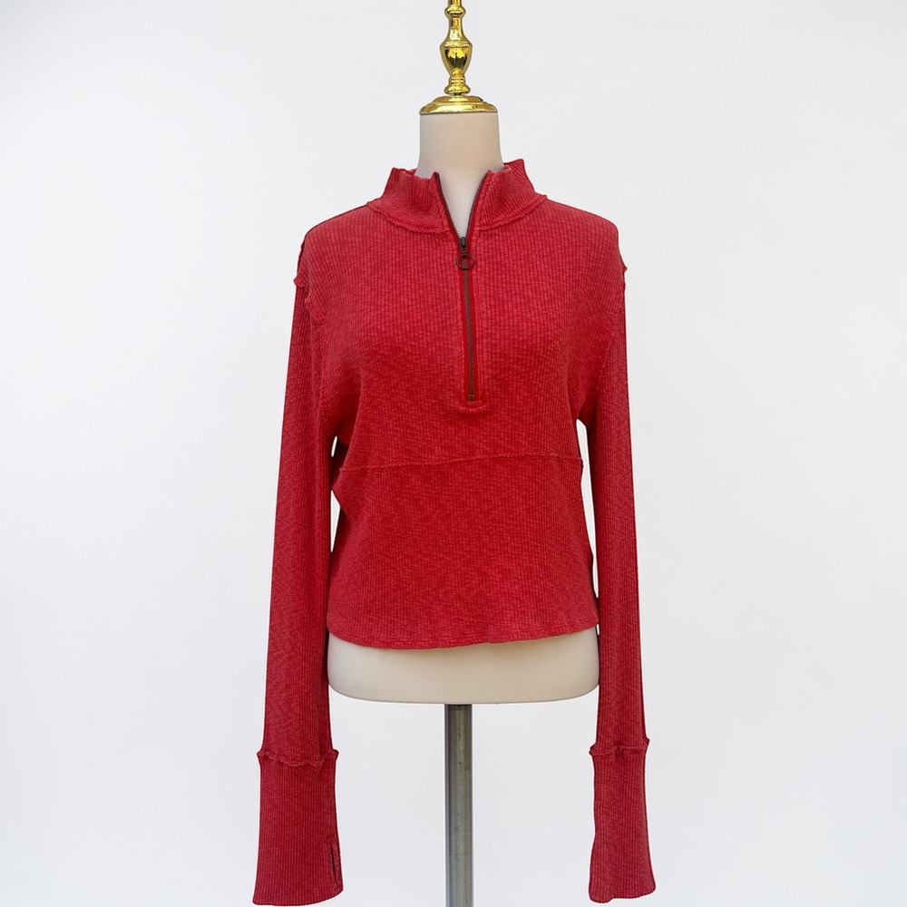 We The Free Free People Midnight Half Zip Pullover XL Red Ribbed Thermal Casual